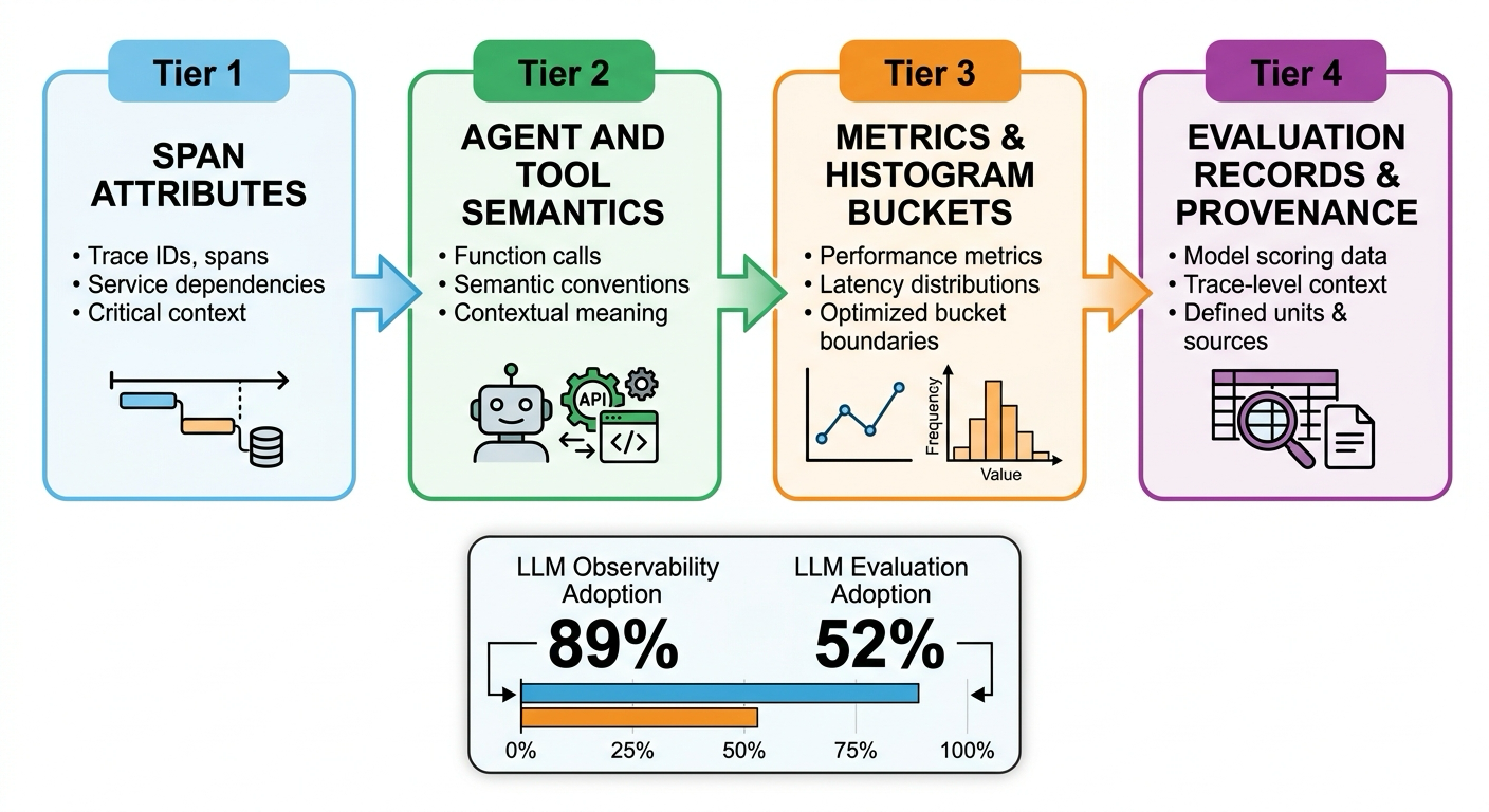 Graphical abstract: four conformance tiers — span attributes, agent and tool semantics, metrics and histogram buckets, and evaluation records with provenance — followed by a comparison of 89% observability adoption against 52% evaluation adoption.